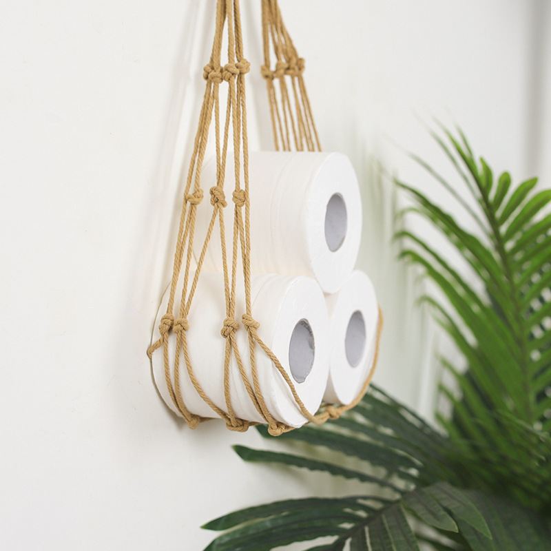 Nordic Cotton Rope Macrame Wall Hanging Magazine Books Toilet Paper Holder Storage Pocket Rack Bathroom Decor