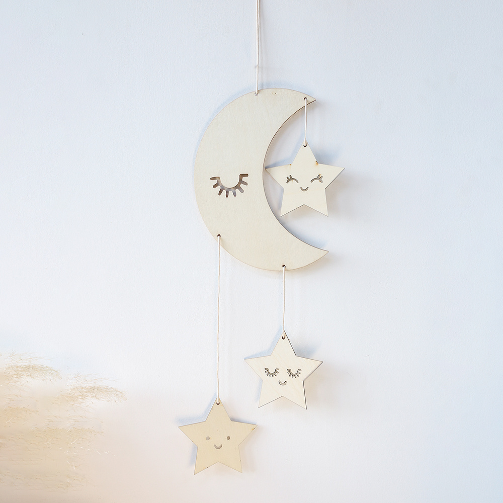 Boho Wood Stars Moon Wall Hanging Ramadan Wooden Cloud Dream Catcher Children's Room Nursery Decor Wall Decor