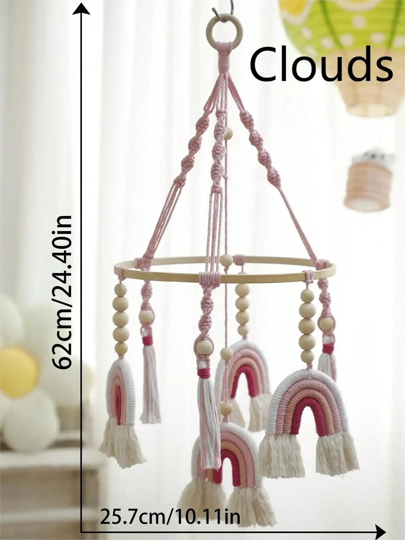 Boho Baby Crib Mobile Decor Wall Hanging Pendant Crib Wind Chime Hand Woven Hangings Bamboo Ring and Rope Home Decoration