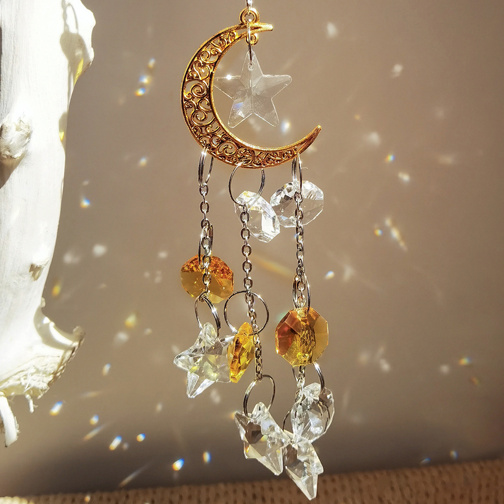 Wedding Curtain Wall Decor Garden Metal Wall Ornaments Star Moon Glass Wind Chim Chimes Crystal Stone Indoors Gifts Ornaments