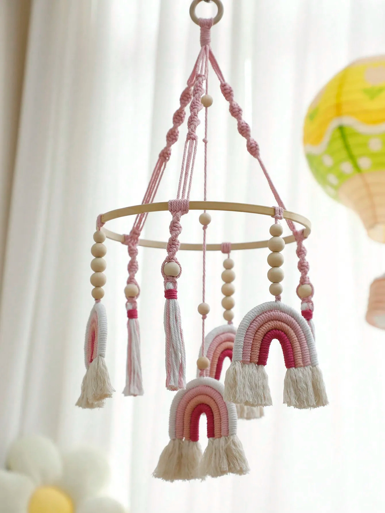 Boho Baby Crib Mobile Decor Wall Hanging Pendant Crib Wind Chime Hand Woven Hangings Bamboo Ring and Rope Home Decoration