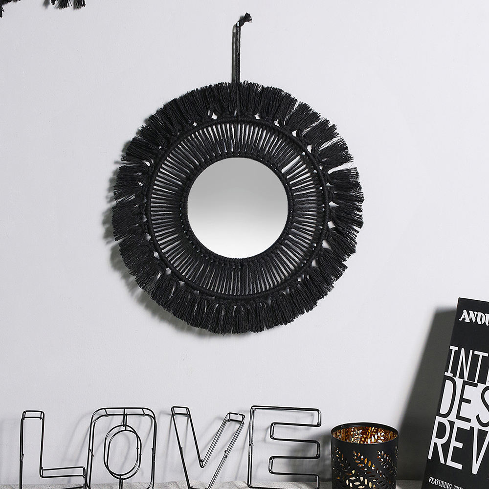 Boho Handmade Macrame Mirror Round Tapestry Wall Hanging Evil Eye Acrylic Mirror Makeup For Living Room Bedroom Home Decor