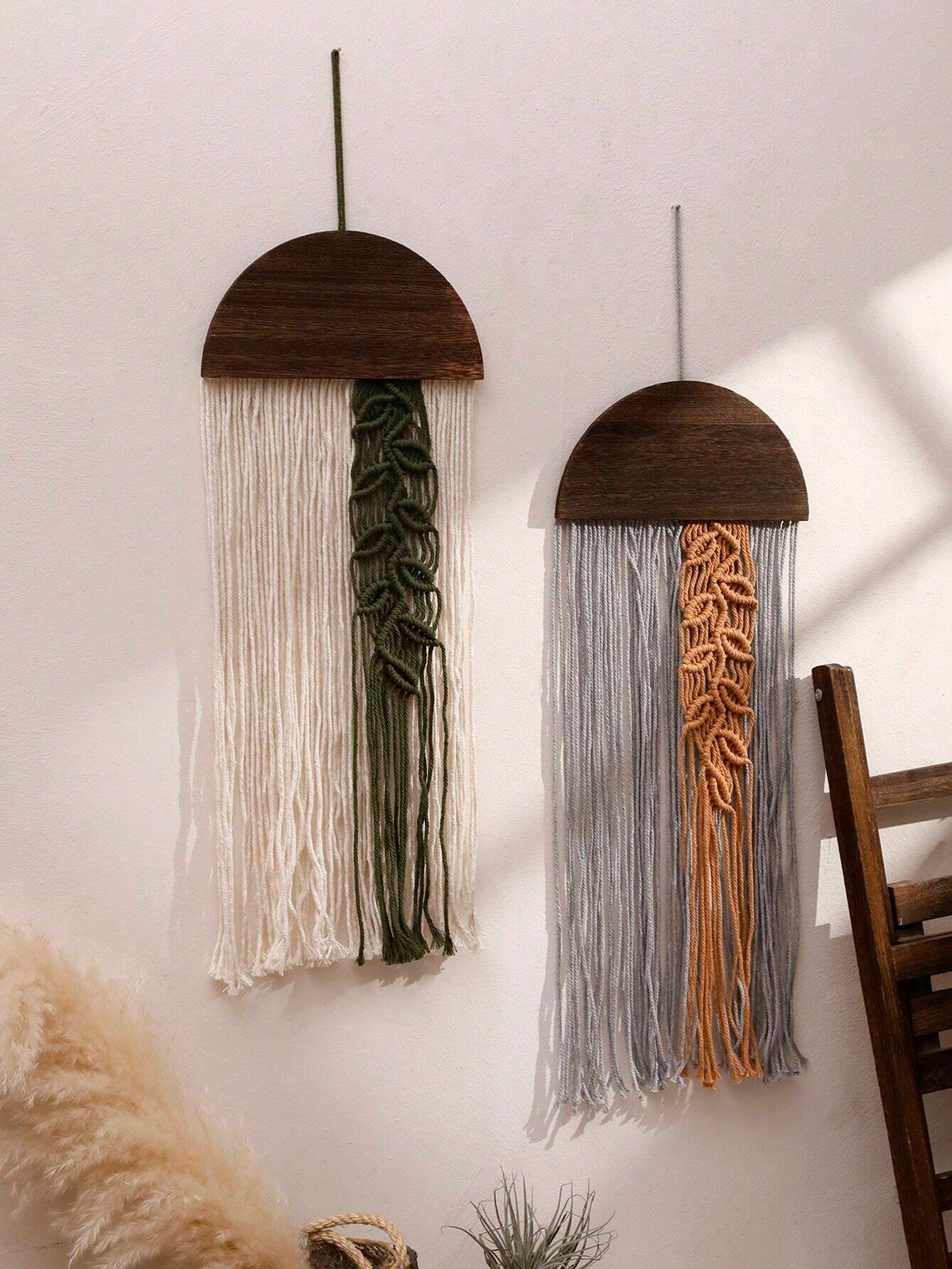 Boho Hand-Woven Macrame Tapestry Semicircle Wooden Board Ornament Dip Dyed Wall Hanging Bedroom Home Decor