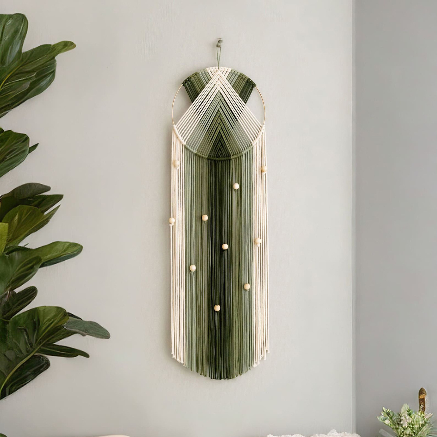 Nordic Macrame Wall Hanging In Green Beige Handmade Dream Catcher With Bead Beautiful Wall Art Tapestry Home Decoration