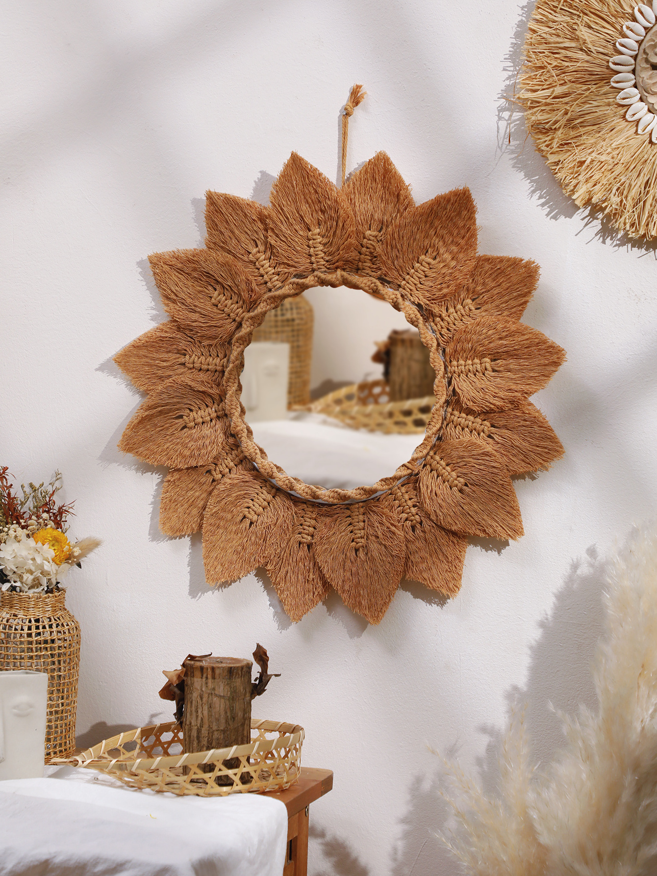 Boho Hand-woven Macrame Mirror Leaf Decoration Wall Hanging Round Tapestry Cotton Makeup Mirror Nursery Home Decor