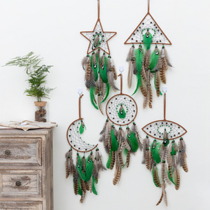 5 Pcs Boho Wall Hanging Large Moon Sun Green Feathers Dream Catchers for Kids Bedroom Living Home Decoration With Light