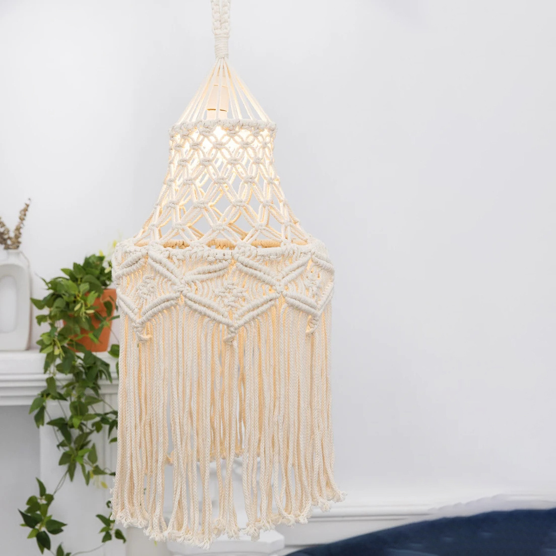 Bohemian Home Decor Macrame Woven Boho Fringe Chandelier Light Cover Lamp Shade Ceiling Hanging Bedroom Accessories