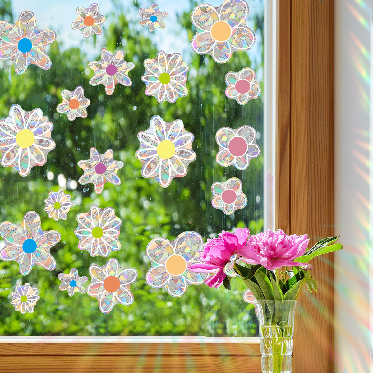 Flower Suncatcher Sticker Floral Window Decal Rainbow Maker Window Sticker PVC Collision Avoidance Room Home Decor