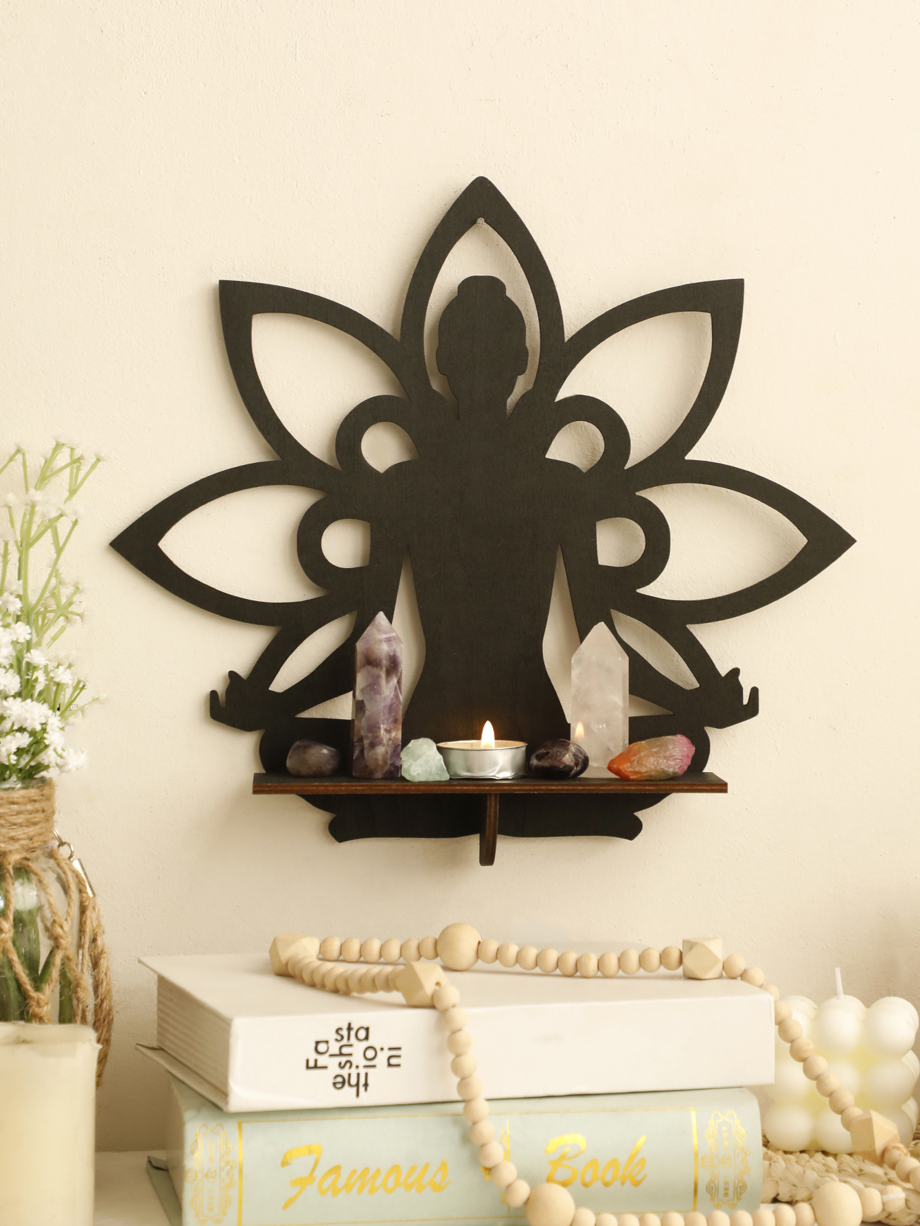 Lotus Wood Shelf Black Corner Shelf Display Stand Crystal Stone Essential Oil Wall Organizer Room Decors Aesthetic Home Decor