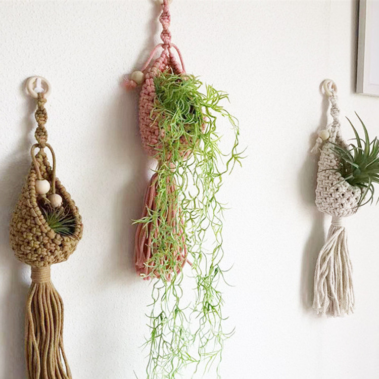 Boho Macrame Air Plant Holder Colorful Hand-woven Wall Planter Crochet Small Macrame Wall Hanging Home Decor