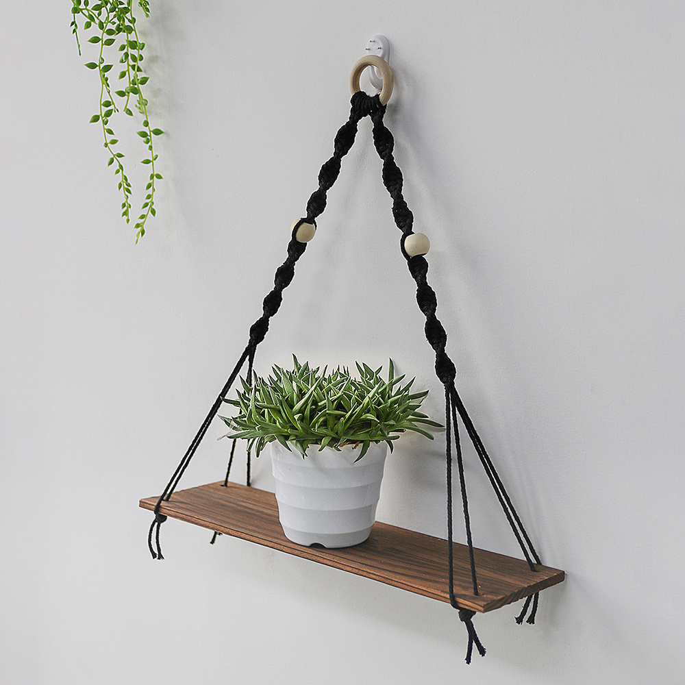 Boho Handmade Macrame Wall Tapestry Black Pot Floating Plant Stand Holder Hanger Shelf Garden Swing Hanging Hogar Home Decor