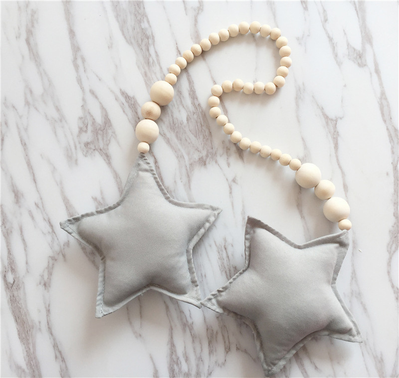 Nordic Natural Crafts Christmas Rustic Farmhouse Wooden Beads Garland With Fabric Moon Star Baby Kids Room Decoration