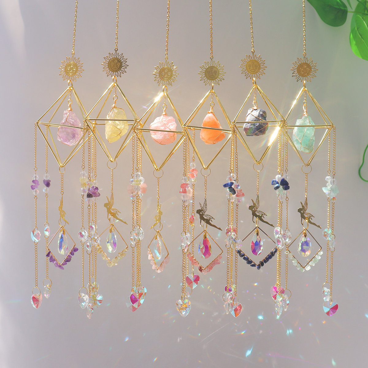 Boho Crystal Sun Catcher with Fairy Natural Birthstone Wall Hanging Amethyst Rainbow Maker Housewarming Gift Home Decor