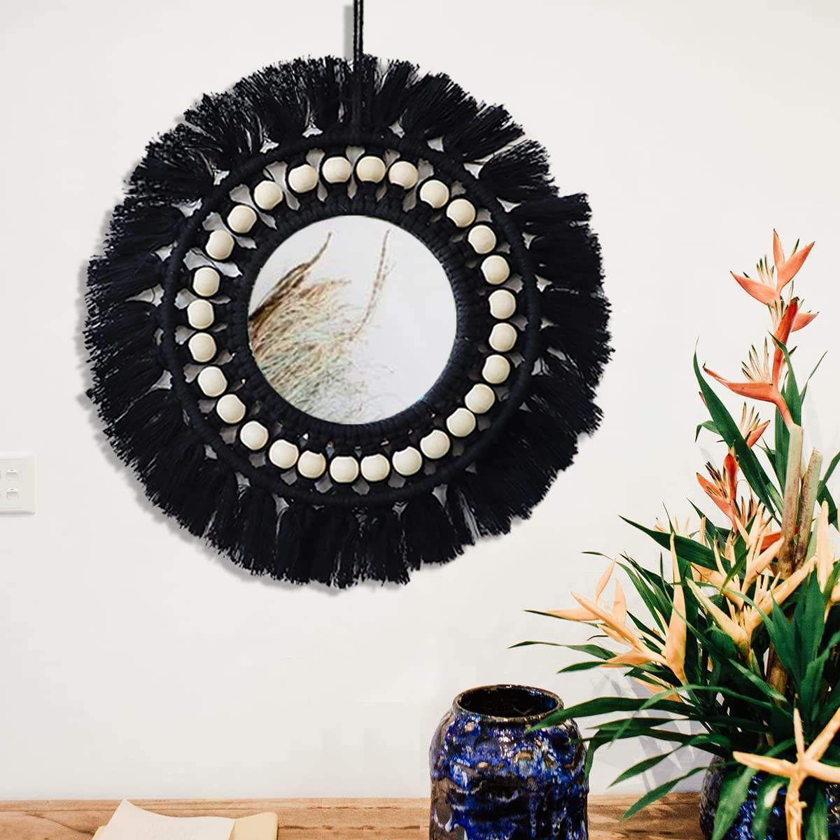 Boho Handmade Macrame Mirror Round Tapestry Wall Hanging Evil Eye Acrylic Mirror Makeup For Living Room Bedroom Home Decor