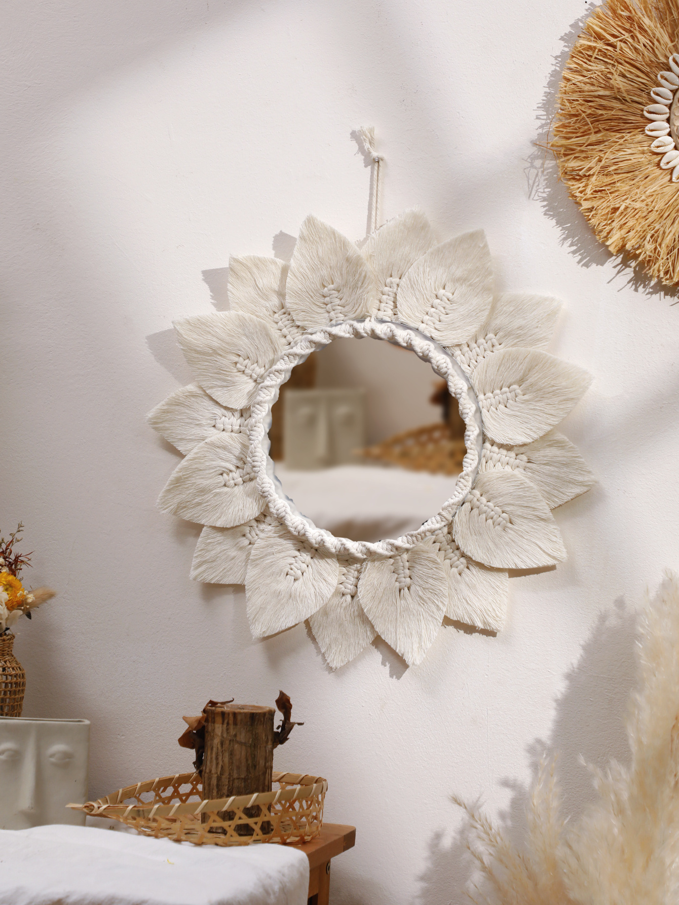 Boho Hand-woven Macrame Mirror Leaf Decoration Wall Hanging Round Tapestry Cotton Makeup Mirror Nursery Home Decor