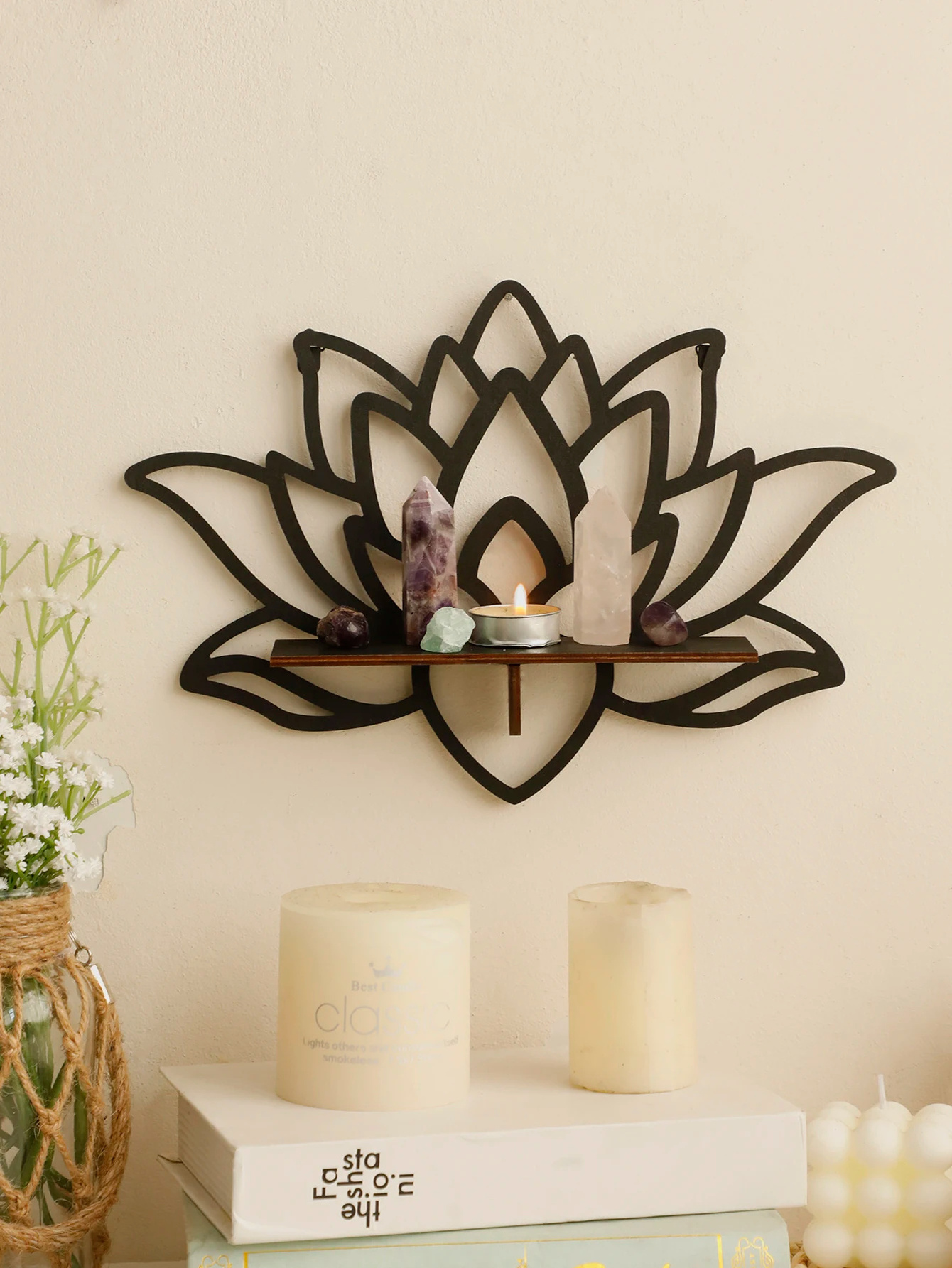 Lotus Wood Shelf Black Corner Shelf Display Stand Crystal Stone Essential Oil Wall Organizer Room Decors Aesthetic Home Decor