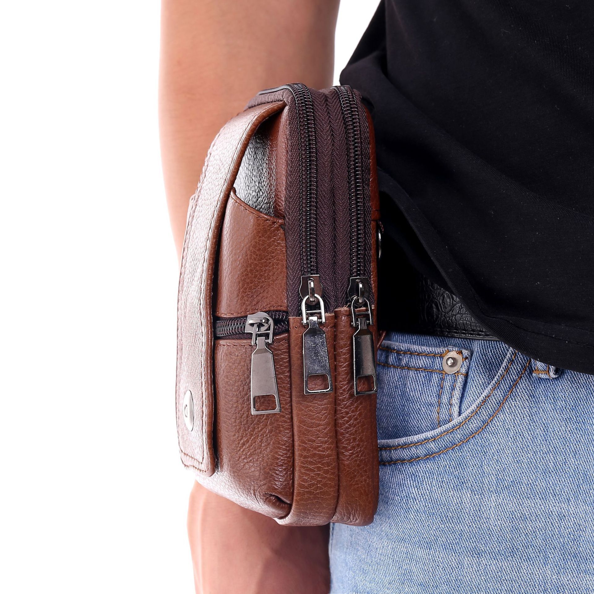 Wholesale Universal Genuine Leather Waist Pack Cell Phone Holster Case Zipper Pocket Belt Clip Carrying Pouch Case