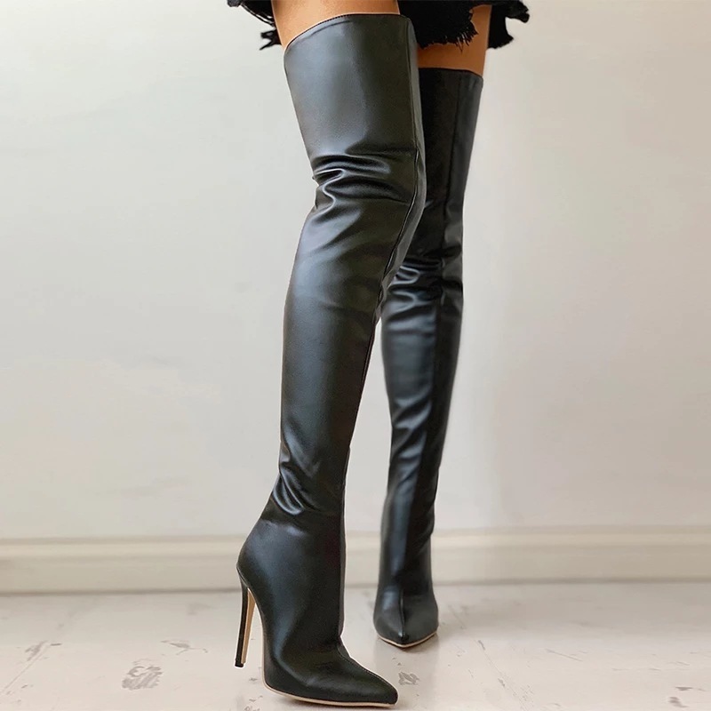 Hot Selling Leather Stretch Long Boots Pointed Toe Handmade High Quality Party Night Club Women Over the Knee High Boots