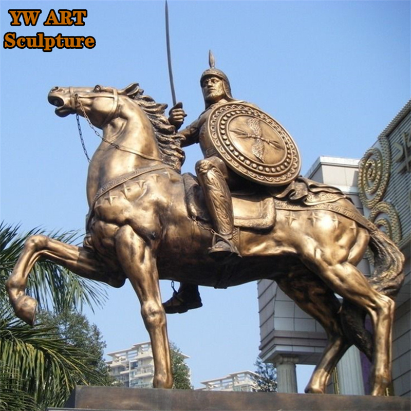 Life Size Outdoor Classic Antique Roman Soldier Man Statue Bronze Hunter Ridding Running Horse Sculpture