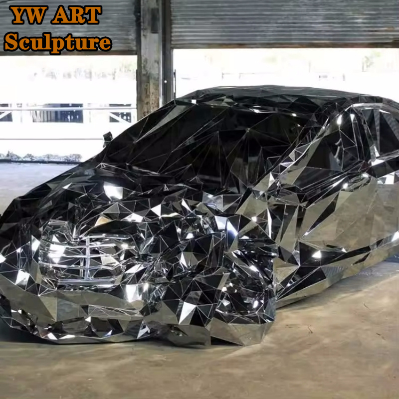 Outdoor Abstract Customized Life Size High Quality Stainless Steel Mirror Finish Sculptures Decorative Car Model