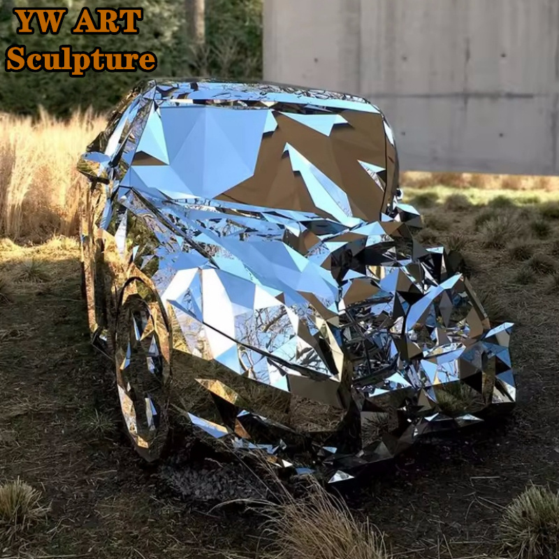 Outdoor Abstract Customized Life Size High Quality Stainless Steel Mirror Finish Sculptures Decorative Car Model