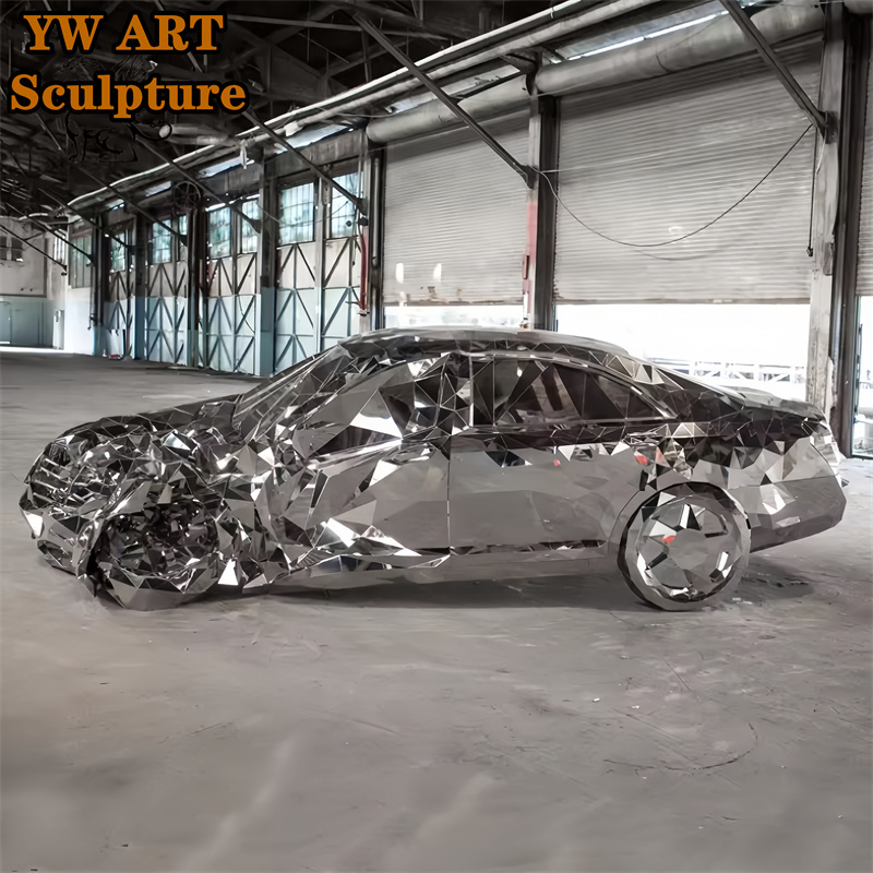 Outdoor Abstract Customized Life Size High Quality Stainless Steel Mirror Finish Sculptures Decorative Car Model