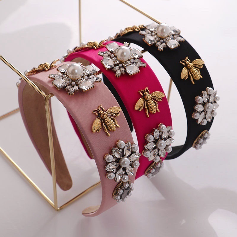 European And American Style Retro Elegant Flash Diamond Metal Bee Pattern  Pearl Headband Fashion Rhinestone Headband