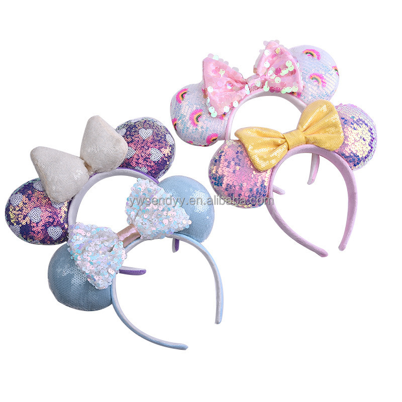 New Design Cute Kids Princess Crown Sequin Bows Headbands Mouse Ears Mickey Hairbands Headwear