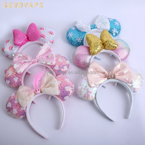 New Design Cute Kids Princess Crown Sequin Bows Headbands Mouse Ears Mickey Hairbands Headwear