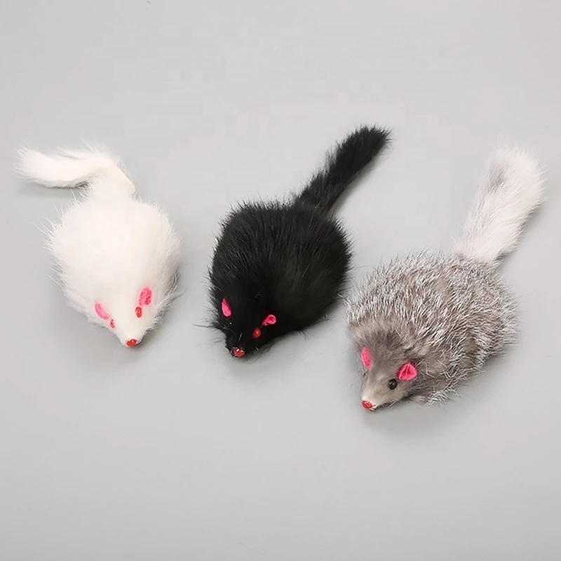 Cute Fake Mouse Pet Cat Toy Soft Rabbit Fur Long Hairy Tail Mouse Toy Plush Cat Toy