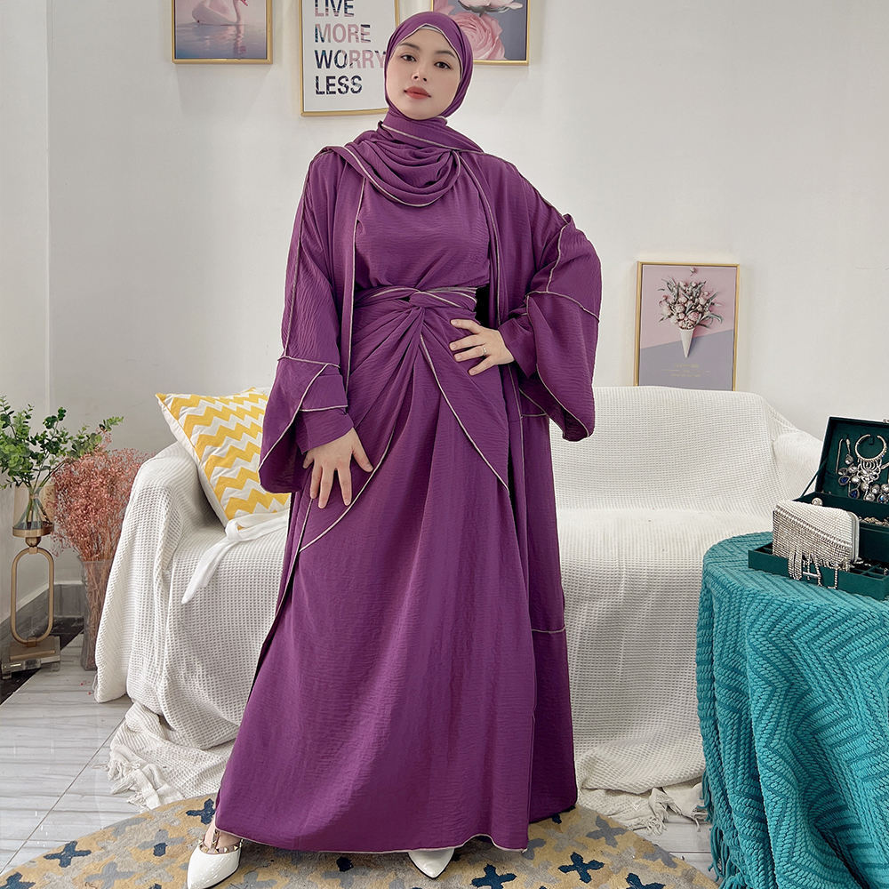 2022 Wholesale Islamic Clothing 3 Pieces Set Qatar Abaya Designs Solid Color with Edge for Women Muslim Dress Dubai Open Abaya