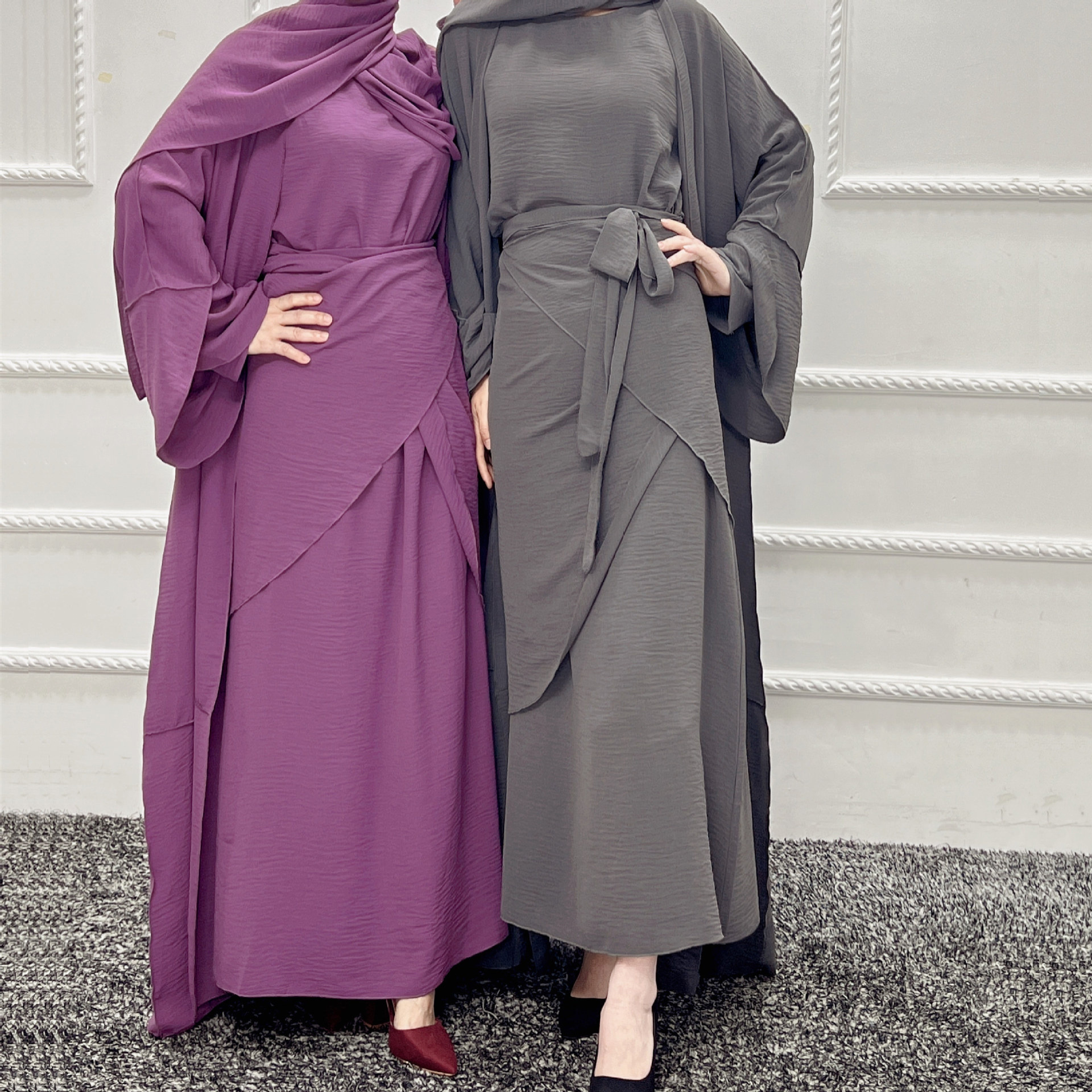 2022 Wholesale Islamic Clothing 3 Pieces Set Qatar Abaya Designs Solid Color with Edge for Women Muslim Dress Dubai Open Abaya