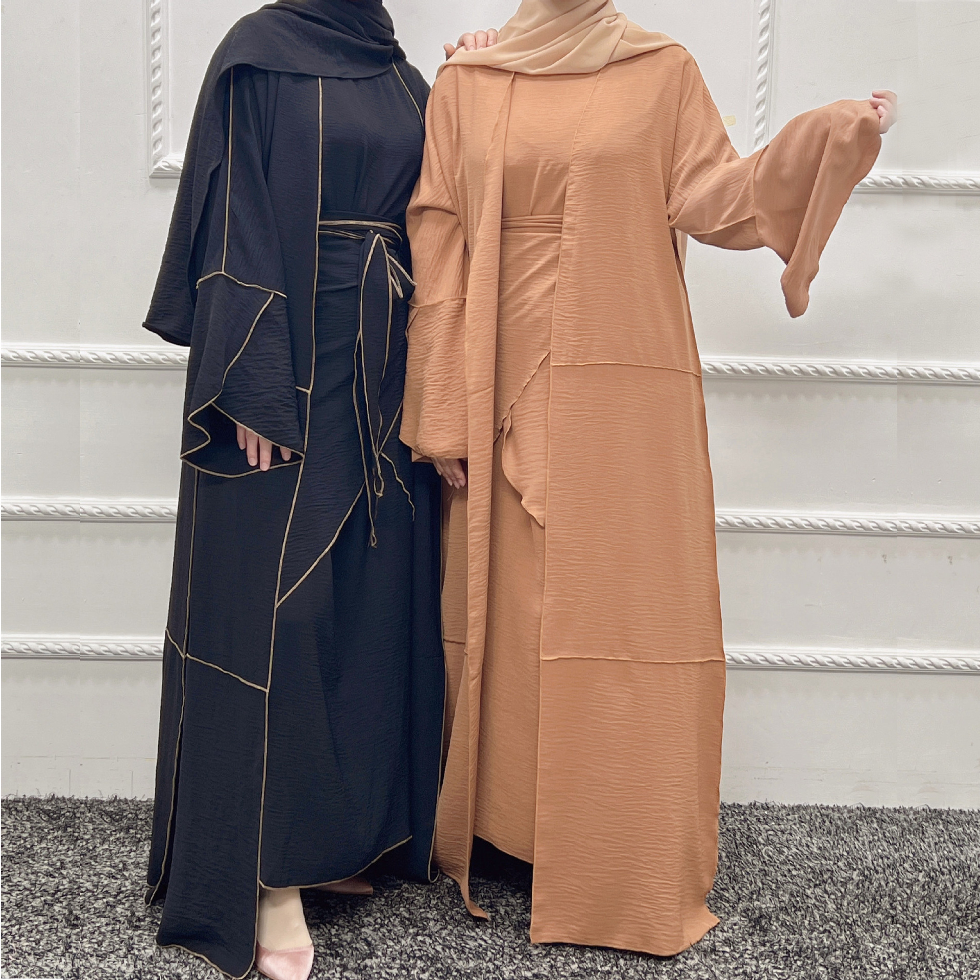 2022 Wholesale Islamic Clothing 3 Pieces Set Qatar Abaya Designs Solid Color with Edge for Women Muslim Dress Dubai Open Abaya