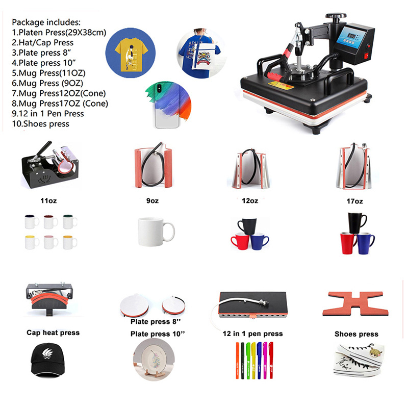 2023 Cheap Price 10 in 1 combo heat press machine for pen mug plate cloth t-shirt heat transfer printing machine