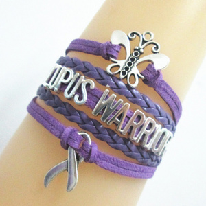 Unisex Beaded Bracelet Handmade Jewelry LUPUS WARRIOR Awareness Cancer Ribbon Charms Leather Bracelet