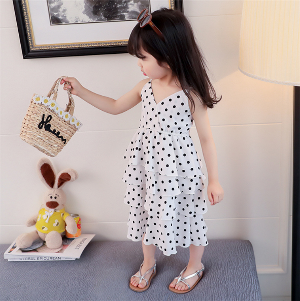 Girls Summer Dress New Chiffon Wave Point Sling Cake Dress Sweet Princess Dress Baby Girl Outfit