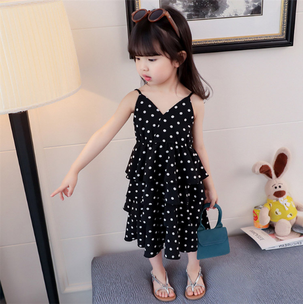 Girls Summer Dress New Chiffon Wave Point Sling Cake Dress Sweet Princess Dress Baby Girl Outfit