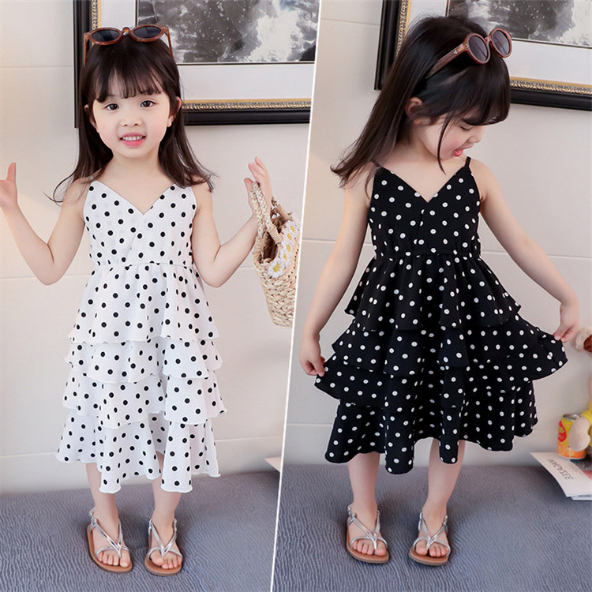 Girls Summer Dress New Chiffon Wave Point Sling Cake Dress Sweet Princess Dress Baby Girl Outfit