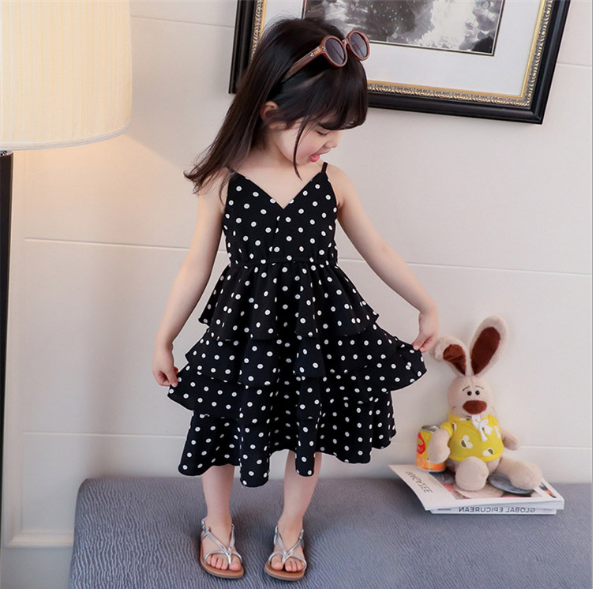 Girls Summer Dress New Chiffon Wave Point Sling Cake Dress Sweet Princess Dress Baby Girl Outfit