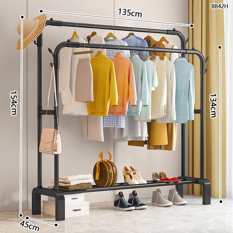 Custom logo New designs Multi-functional Bedroom Clothes Rack black Double Rods Garment Rack