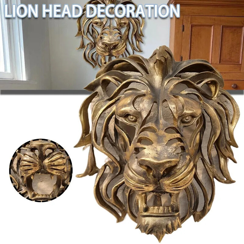 Wholesale Wall Mounted Art Sculpture 3D Handmade Resin Animal Gold Lion Head Wall Decor