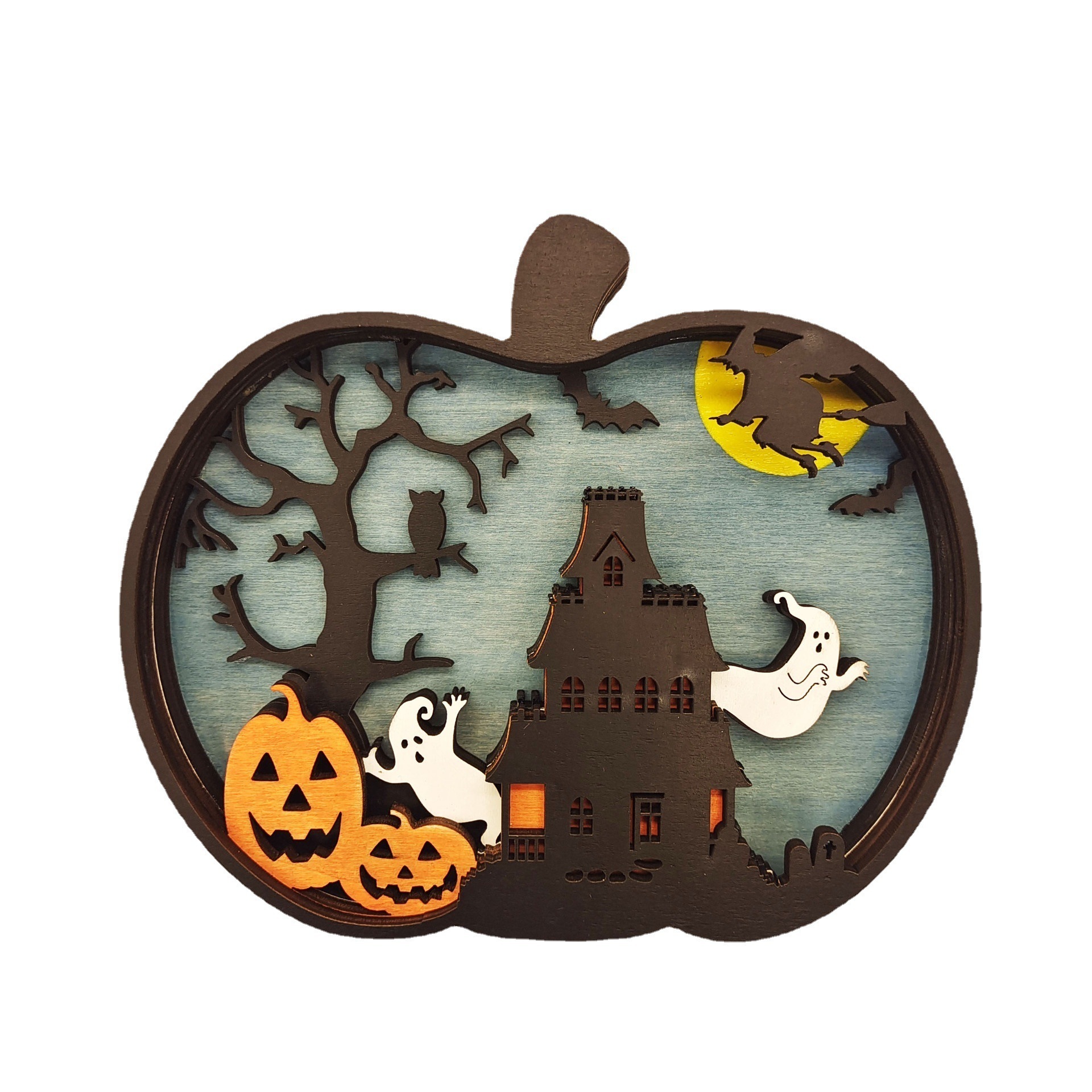 Halloween Wood Wall Light-Up Pumpkin Ghost Lamp Outdoor Animal Pattern Lantern Shadow Box Home Table Decorations Ornament