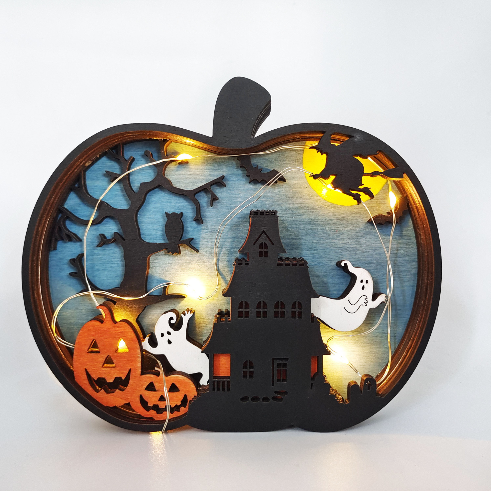 Halloween Wood Wall Light-Up Pumpkin Ghost Lamp Outdoor Animal Pattern Lantern Shadow Box Home Table Decorations Ornament