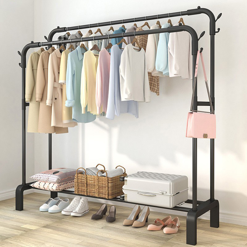 Wholesale custom Multi-functional Clothes Hanger Stand Storage Shelf double Rolling Hanging Clothes Rack