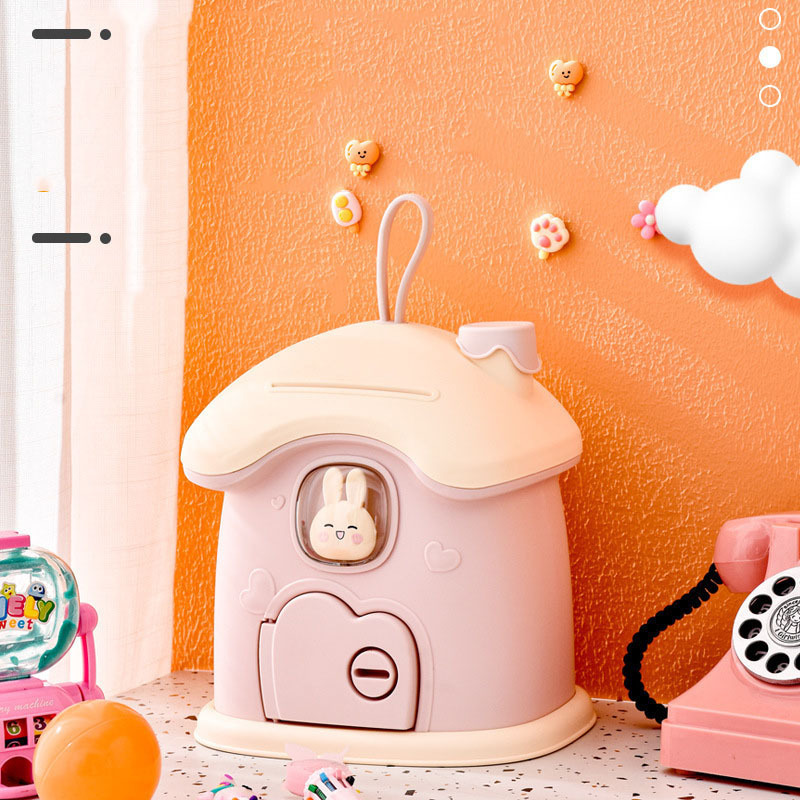 2024 new arrivals Cute cartoon Coin Bank House Little Rabbit Window Piggy Bank Girls Money Box Jar with Door for Opening