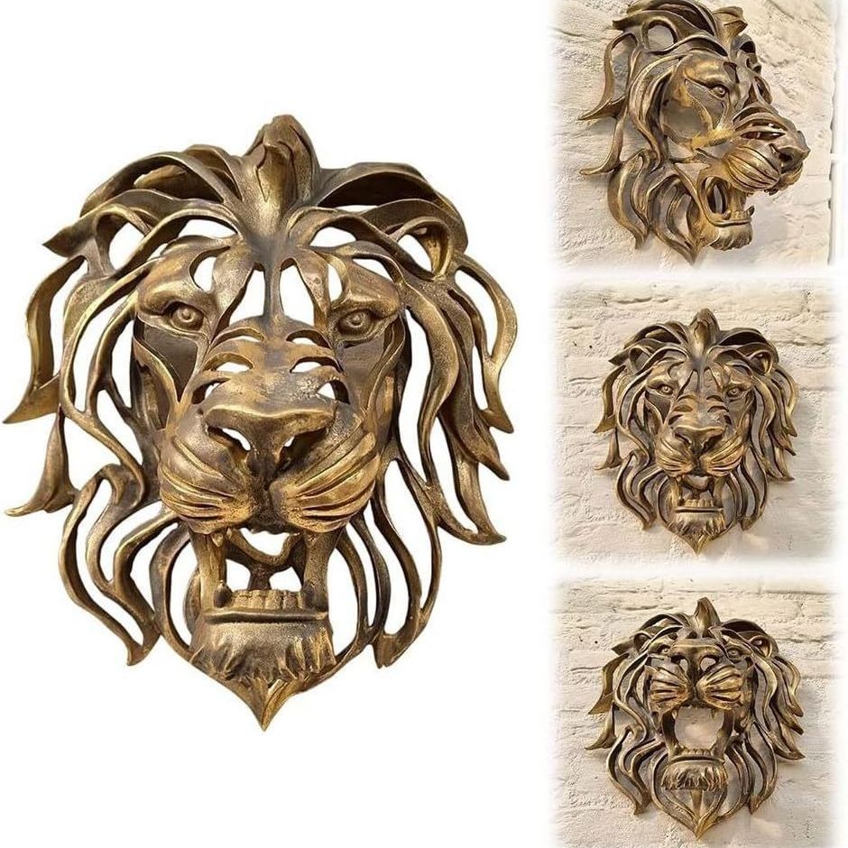 Wholesale Wall Mounted Art Sculpture 3D Handmade Resin Animal Gold Lion Head Wall Decor