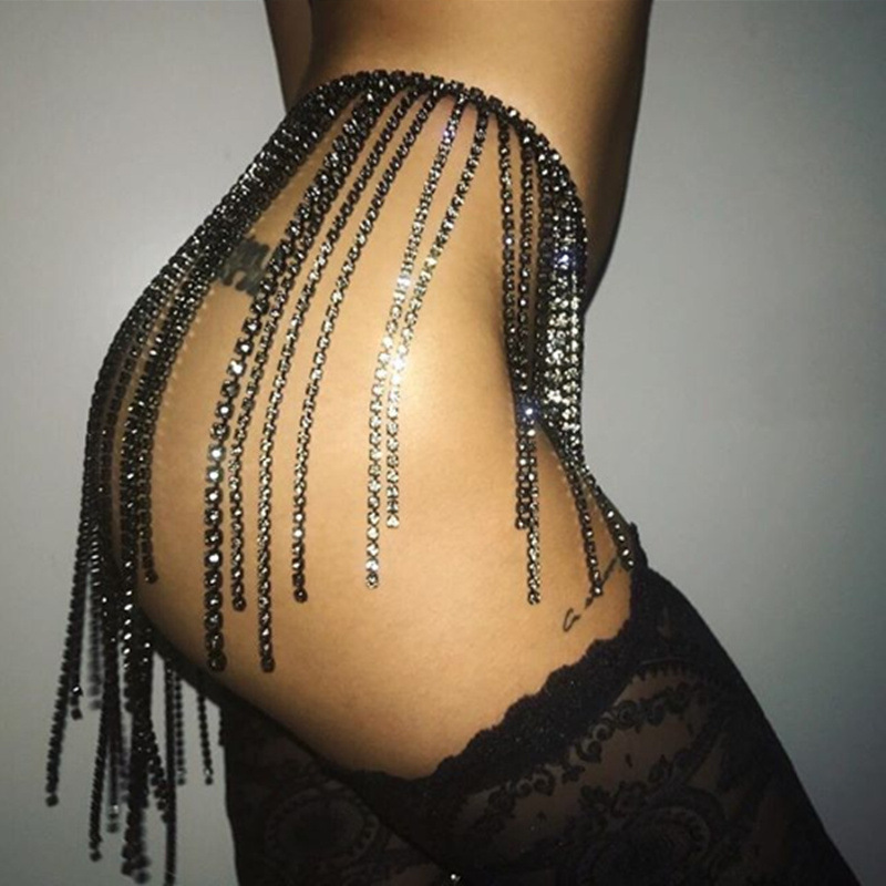 Women Sparkly Rhinestone Tassel Skirt Sexy Nightclub Party Diamond Short Mini Skirt Decorative Waist Body Chain