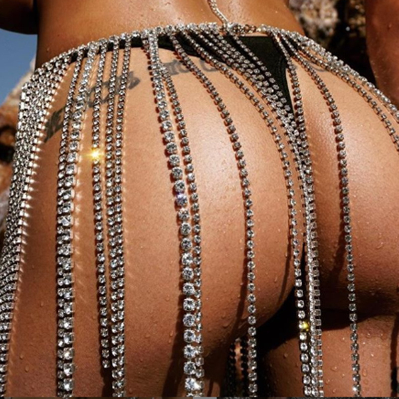 Women Sparkly Rhinestone Tassel Skirt Sexy Nightclub Party Diamond Short Mini Skirt Decorative Waist Body Chain