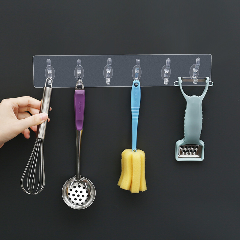 2024 popular hole-free hook wall mounted Pvc super glue kitchen transparent trackless stick six rows of hook waterproof