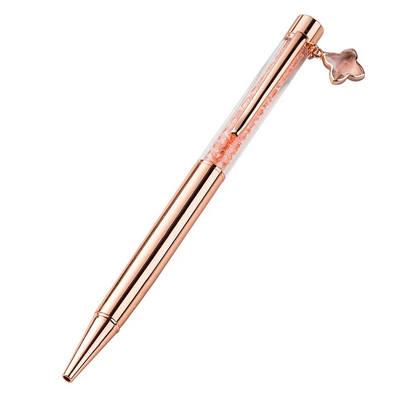 New Design Custom Laser Engraving Logo Metal Diamond Crysta Rose Gold Pen With Lucky Charms